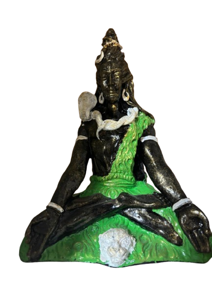 Estatua de Shiva en Meditación con Túnica Verde y Acabado Envejecido